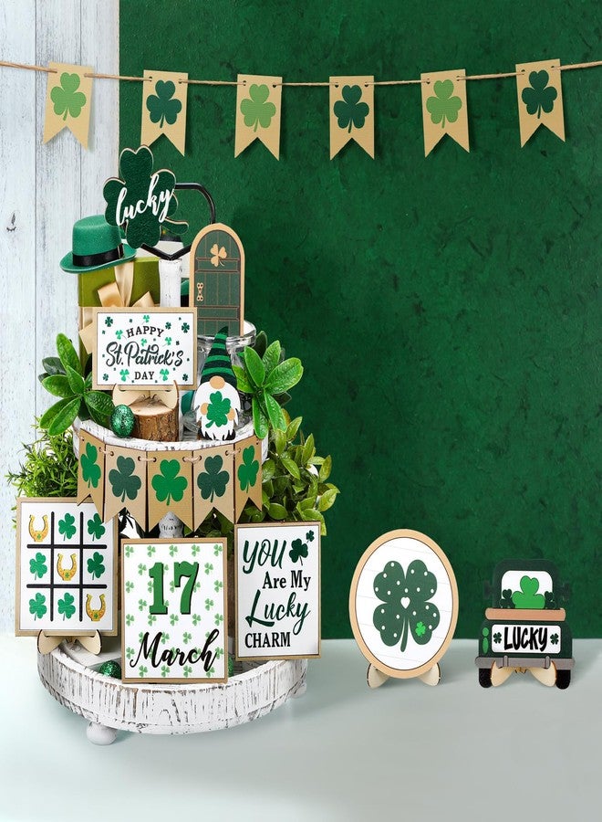 Anglechic 14 Pcs St. Patrick's Day Tiered Tray Decor Set Luck Shamrock Wooden Signs Irish Decor Saint Patty's Day Table Decoration for Home Tabletop Shelf Party - Image 2